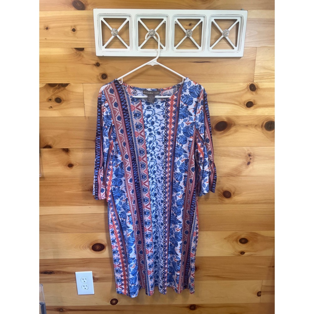 Alexandra + Oak Blue Multi Floral Geometric Shift Dress XL 3/4 Slit Sleeve